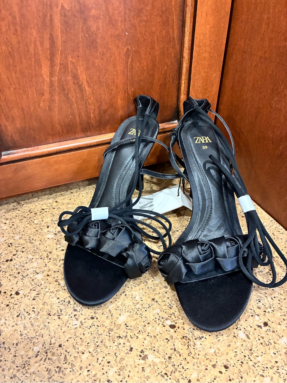 ZARA Black Satin Rose Strappy Heels Sandals Size 39 US 8 NWT